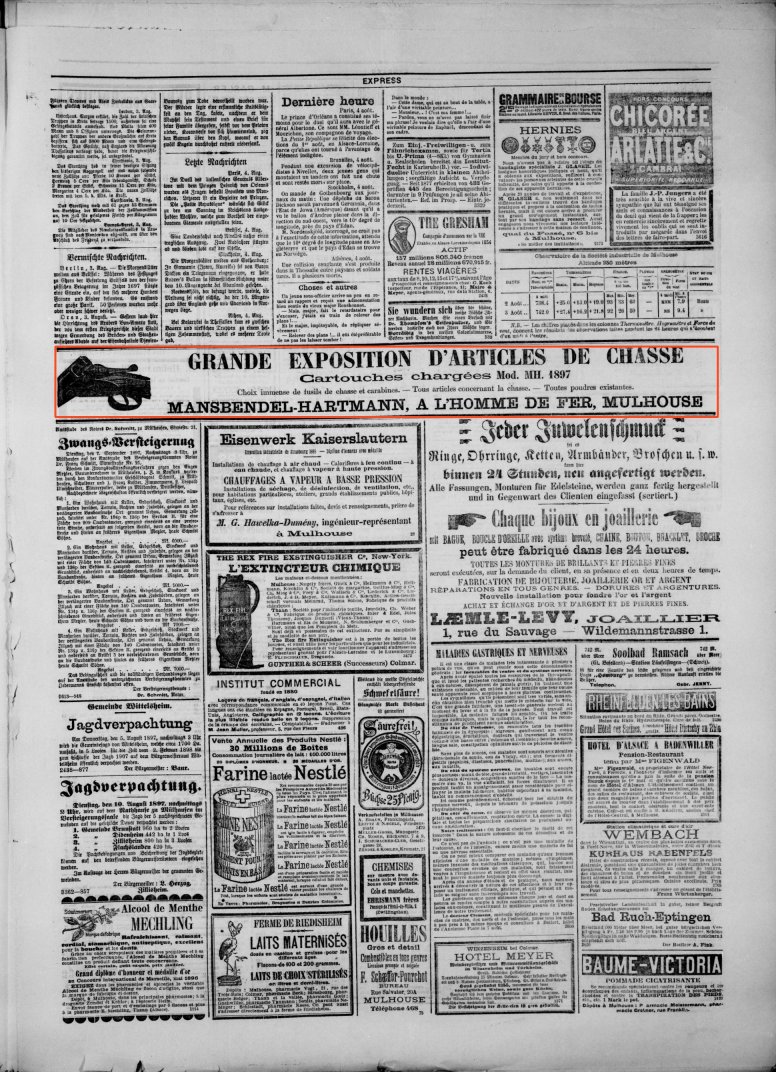 Journal L'Express de Mulhouse du 4 août 1897 (p.3) : grande exposition d'articles de chasse.
